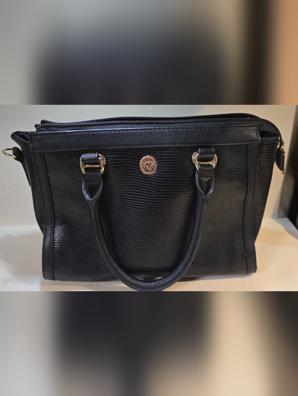Anne Klein Black Textured Shoulder Satchel with Gold Accent
